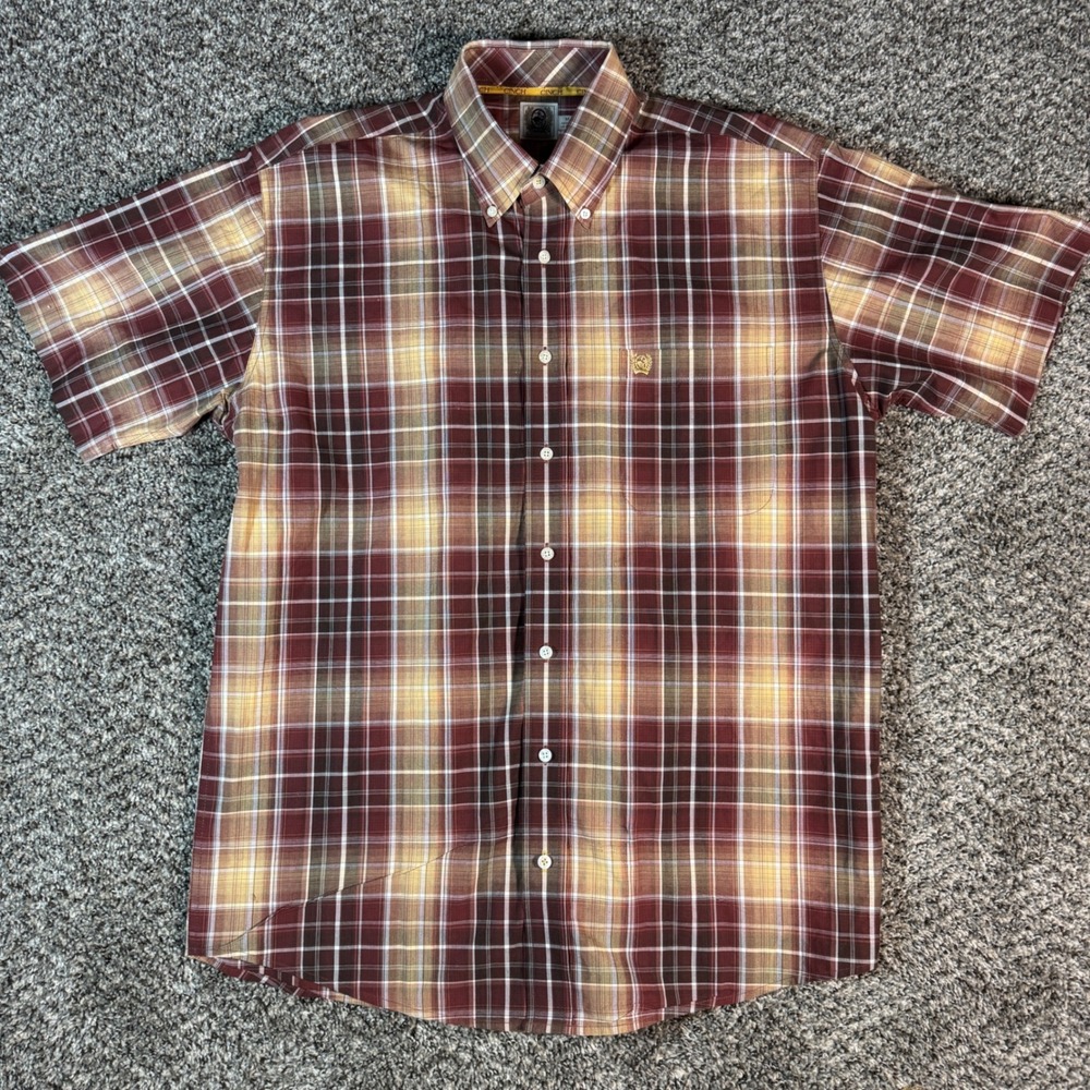 Cinch Mens Plaid Sz M Short Sleeve Button Down Shirt Burgundy Oversized Fit
